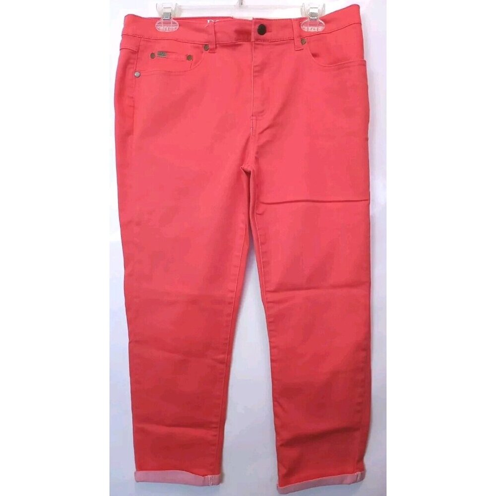 DG Diane Gilman Pants Sz14P Pull On Jeans Orange Stretch Zipper Pockets Straight